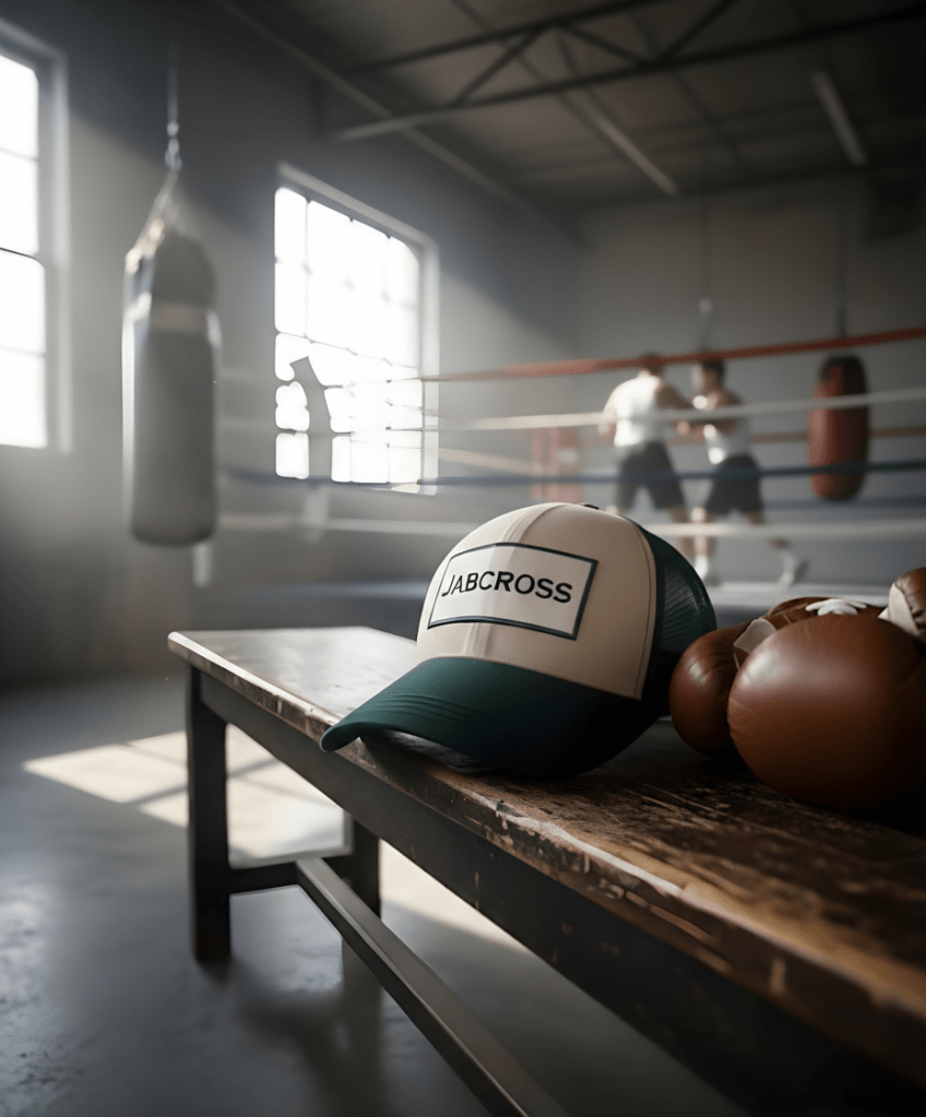 JABCROSS 'SOUTHPAW' cap on a wooden bench in a boxing gym, with lifelike fabric detail and two sparring boxers blurred in the background.