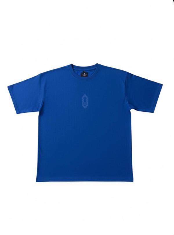 Navy blue JABCROSS short-sleeve tee with subtle leaf emblem on chest and large arched JABCROSS logo on back.