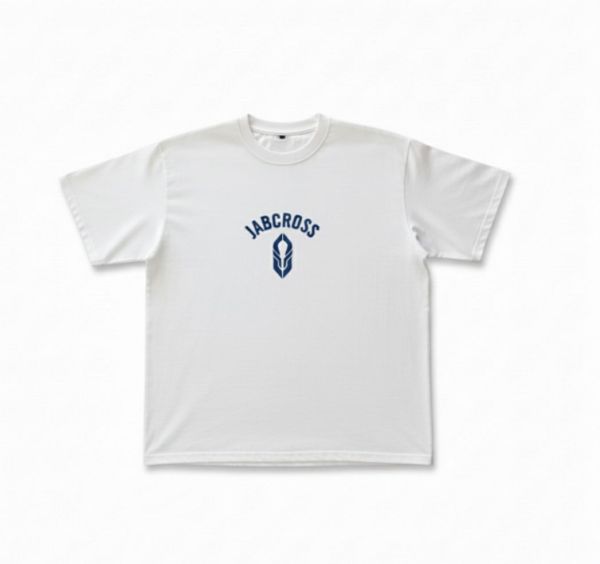White JABCROSS tee with navy arched logo and leaf emblem on chest, circular "Main Event Fighters" graphic on back.