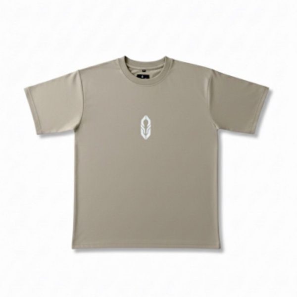 Khaki JABCROSS short-sleeve tee with subtle chest emblem and large arched JABCROSS logo on back.