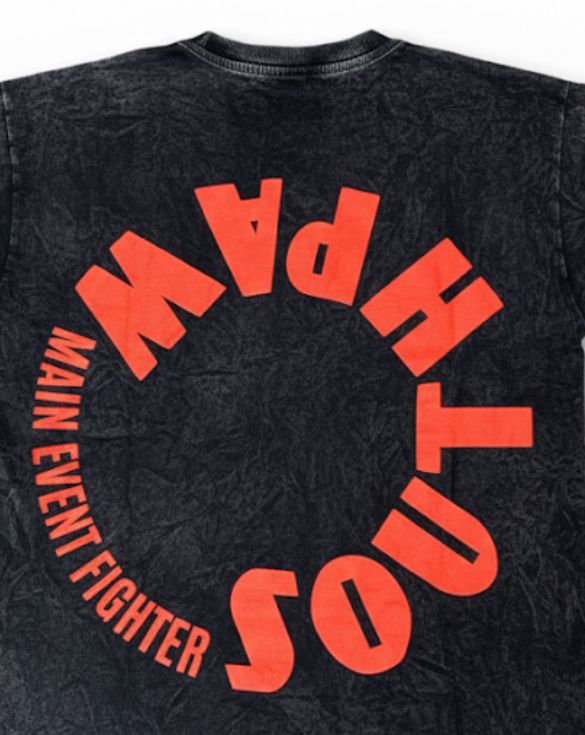 Black acid wash JABCROSS tee with red arched logo and emblem on front, circular "Main Event Fighters" print on back.