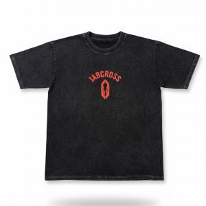 Black acid wash JABCROSS tee with red arched logo and emblem on front, circular "Main Event Fighters" print on back.